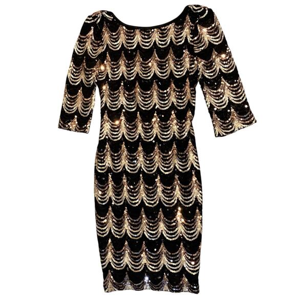 Crystal Doll Sequin Bodycon Mini Dress Small Black Gold Cocktail Party Glam NYE - Picture 14 of 15
